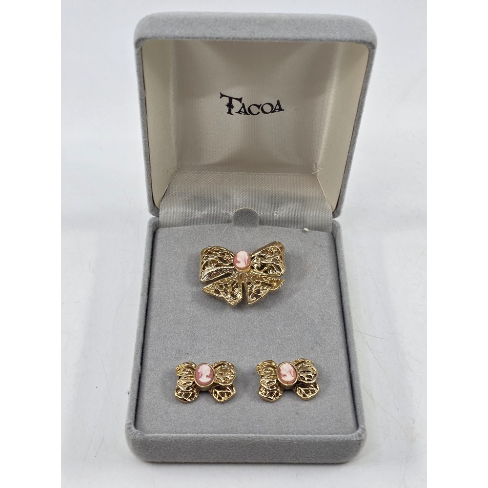 Tacoa Vintage Gold Tone Bow Cameo Brooch and Earrings Set Pink Filigree Jewelry
